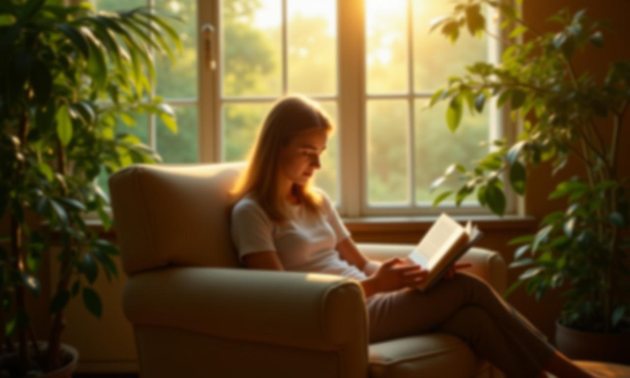 Persona leyendo en un lugar acogedor con plantas